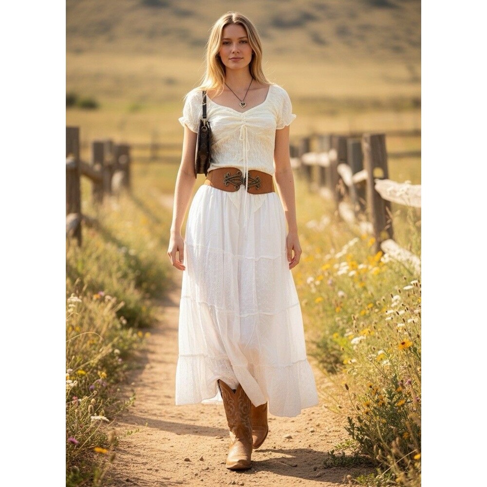 White Tiered Skirt Embroidered Size M boho  eyelet  pocket maxi  bohimia coastal